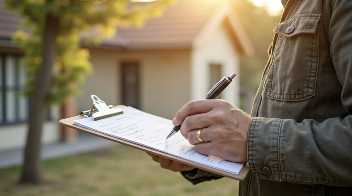 Contractor filling out a project estimate at a home walkthrough